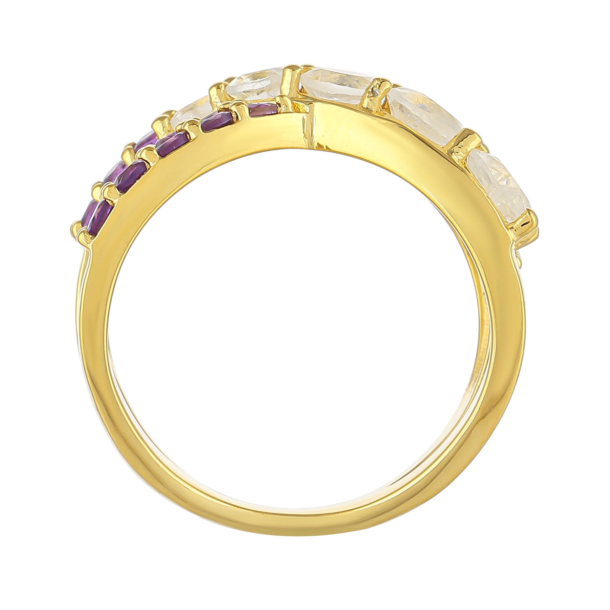 Pozlátený Strieborný Prsteň s Dúhovým Mesačným Kameňom a Brazílskym Ametystom 4 