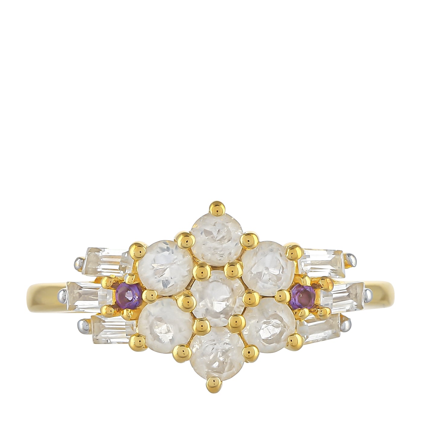 Pozlátený Strieborný Prsteň s Dúhovým Mesačným Kameňom a Brazílskym Ametystom