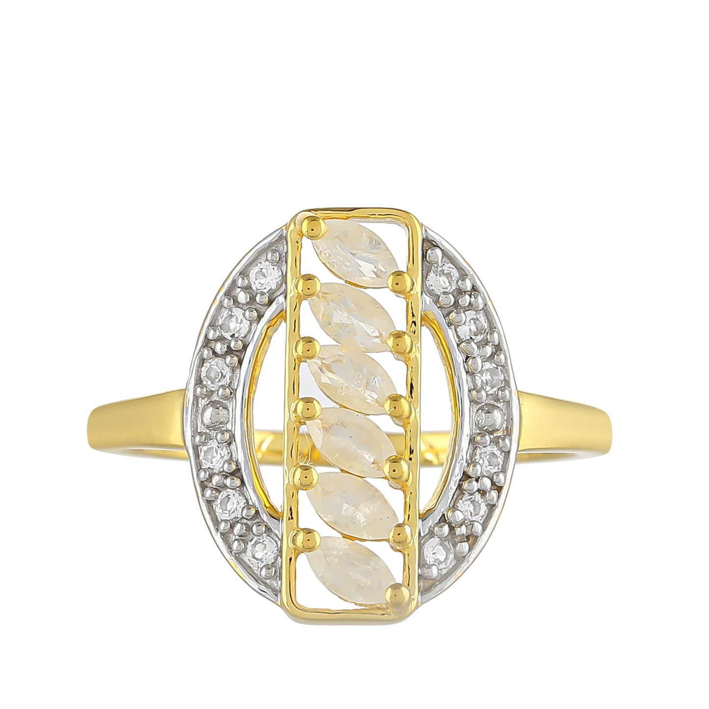 Pozlátený Strieborný Prsteň s Dúhovým Mesačným Kameňom a Bielym Topásom