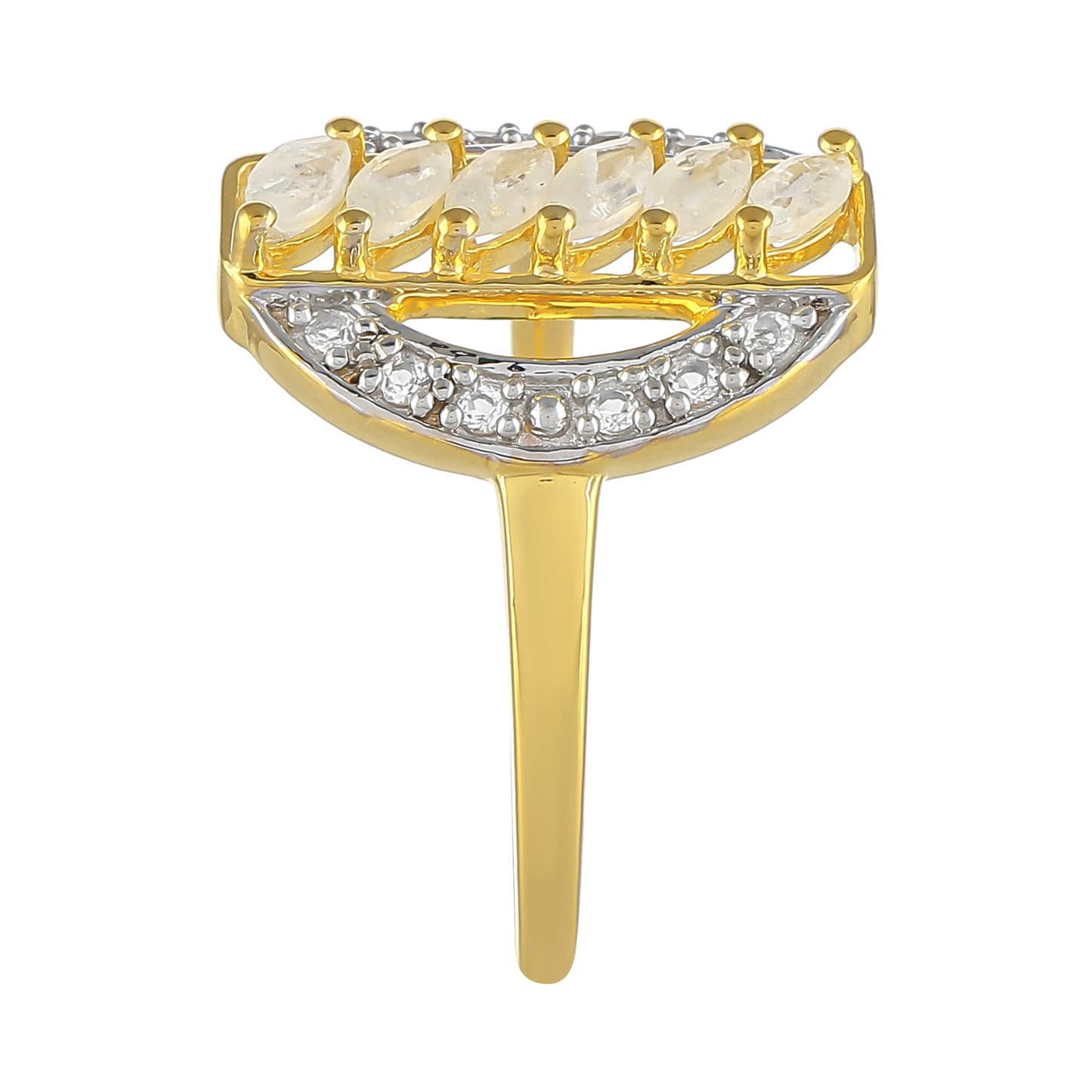 Pozlátený Strieborný Prsteň s Dúhovým Mesačným Kameňom a Bielym Topásom