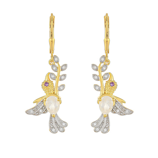 Pozlátené Strieborné Náušnice s Dúhovým Mesačným Kameňom a Brazílskym Ametystom