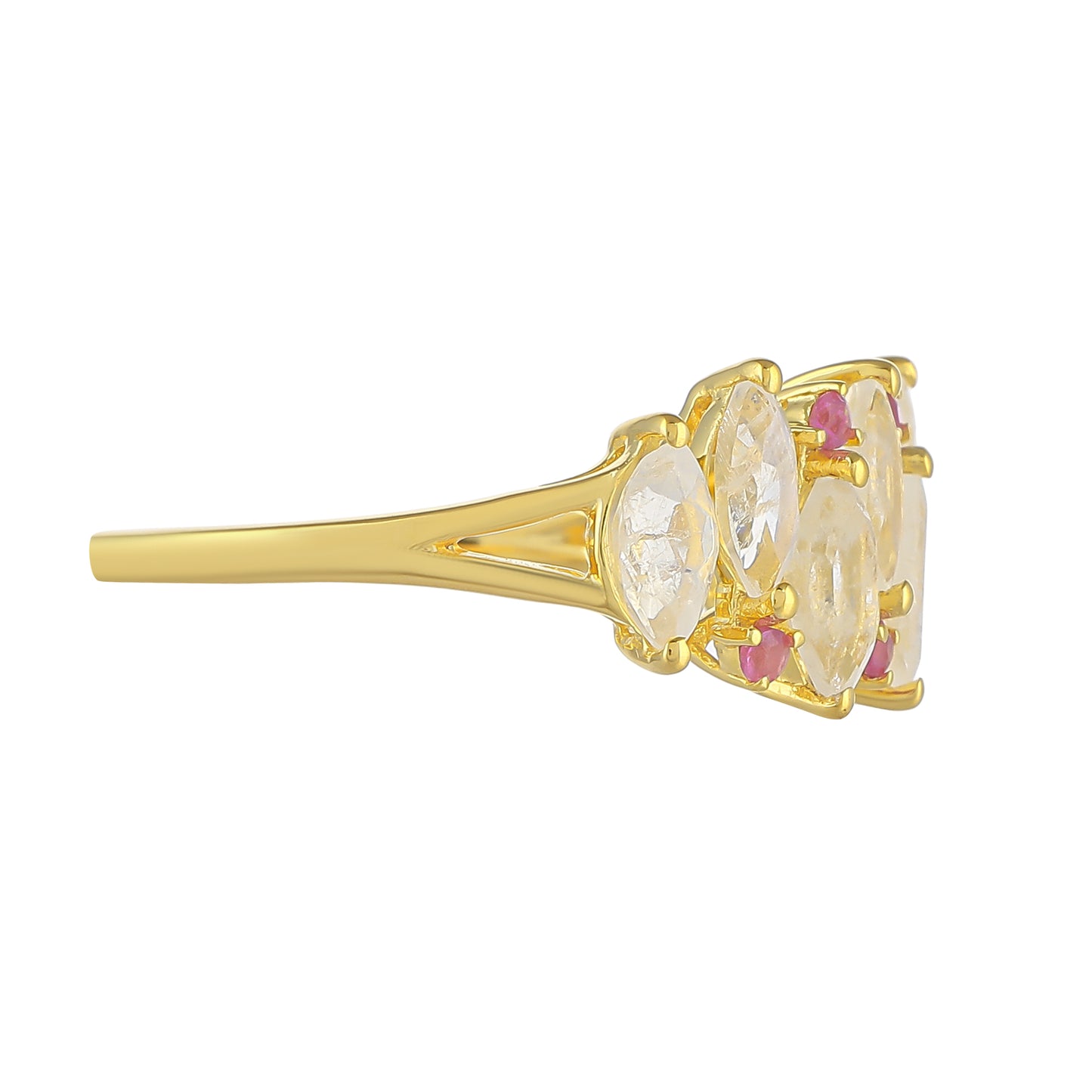 Pozlátený Strieborný Prsteň s Dúhovým Mesačným Kameňom a Thajským Rubínom