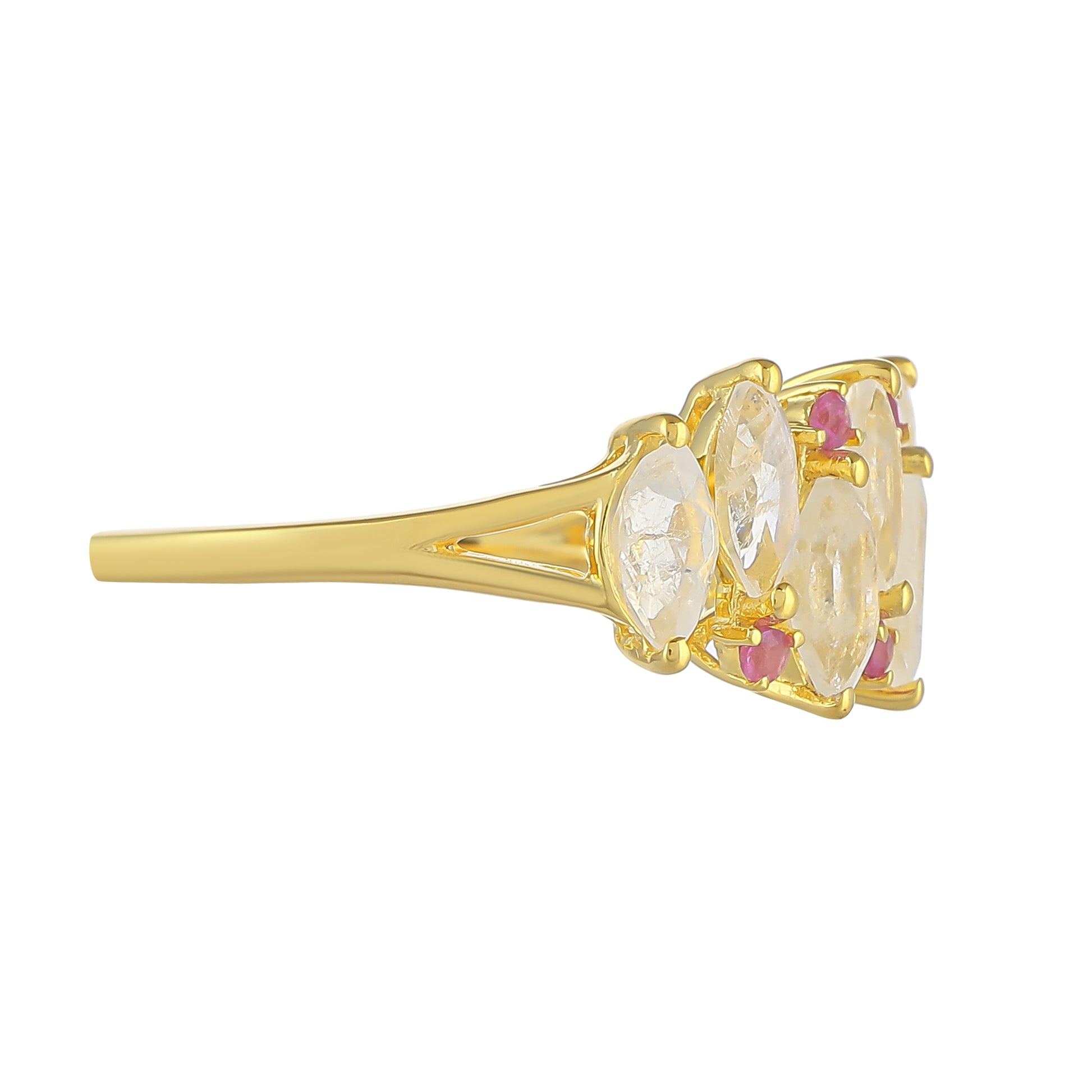 Pozlátený Strieborný Prsteň s Dúhovým Mesačným Kameňom a Thajským Rubínom 2 