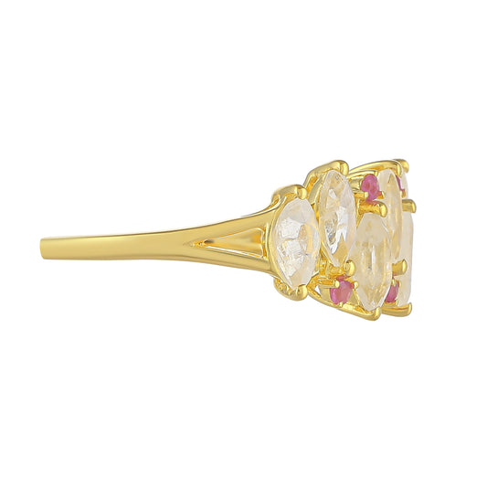 Pozlátený Strieborný Prsteň s Dúhovým Mesačným Kameňom a Thajským Rubínom