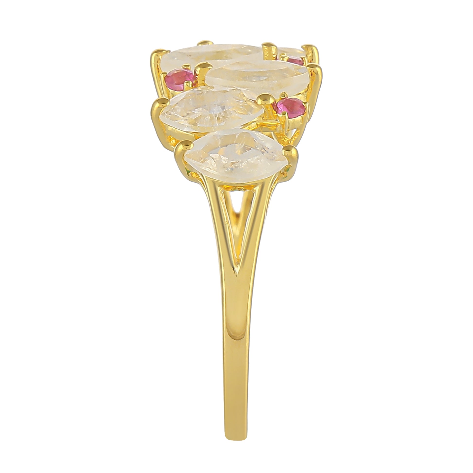 Pozlátený Strieborný Prsteň s Dúhovým Mesačným Kameňom a Thajským Rubínom 3 