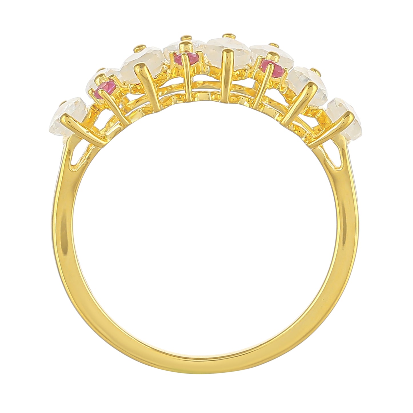 Pozlátený Strieborný Prsteň s Dúhovým Mesačným Kameňom a Thajským Rubínom