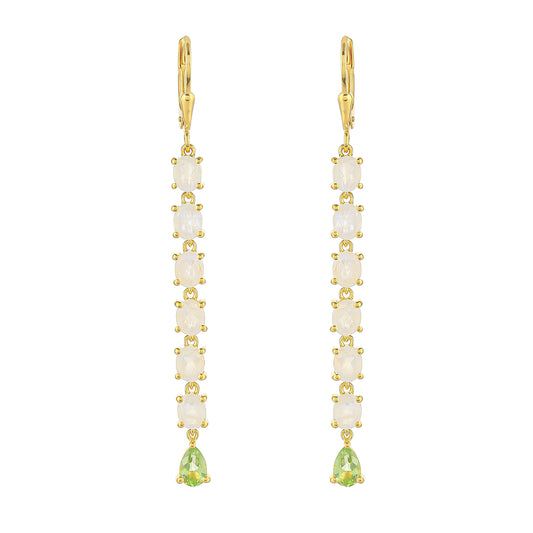 Pozlátené Strieborné Náušnice s Dúhovým Mesačným Kameňom a Olivínom