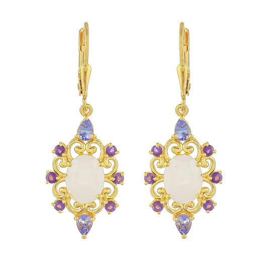 Pozlátené Strieborné Náušnice s Dúhovým Mesačným Kameňom a Tanzanitom