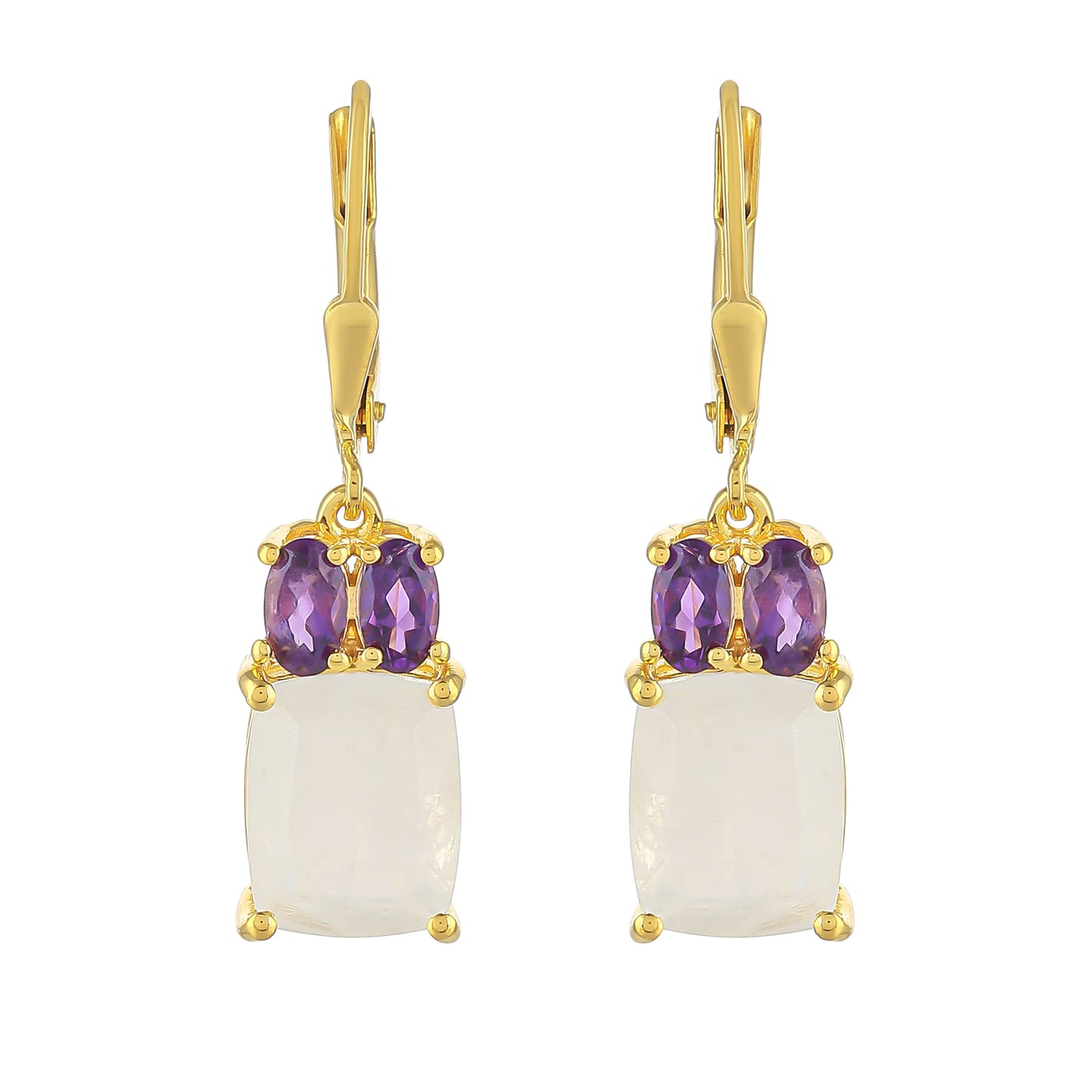 Pozlátené Strieborné Náušnice s Dúhovým Mesačným Kameňom a Brazílskym Ametystom