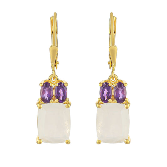 Pozlátené Strieborné Náušnice s Dúhovým Mesačným Kameňom a Brazílskym Ametystom