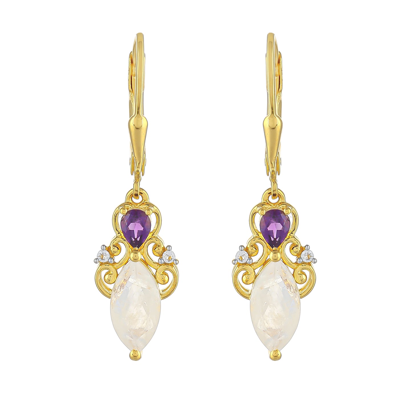 Pozlátené Strieborné Náušnice s Dúhovým Mesačným Kameňom a Brazílskym Ametystom