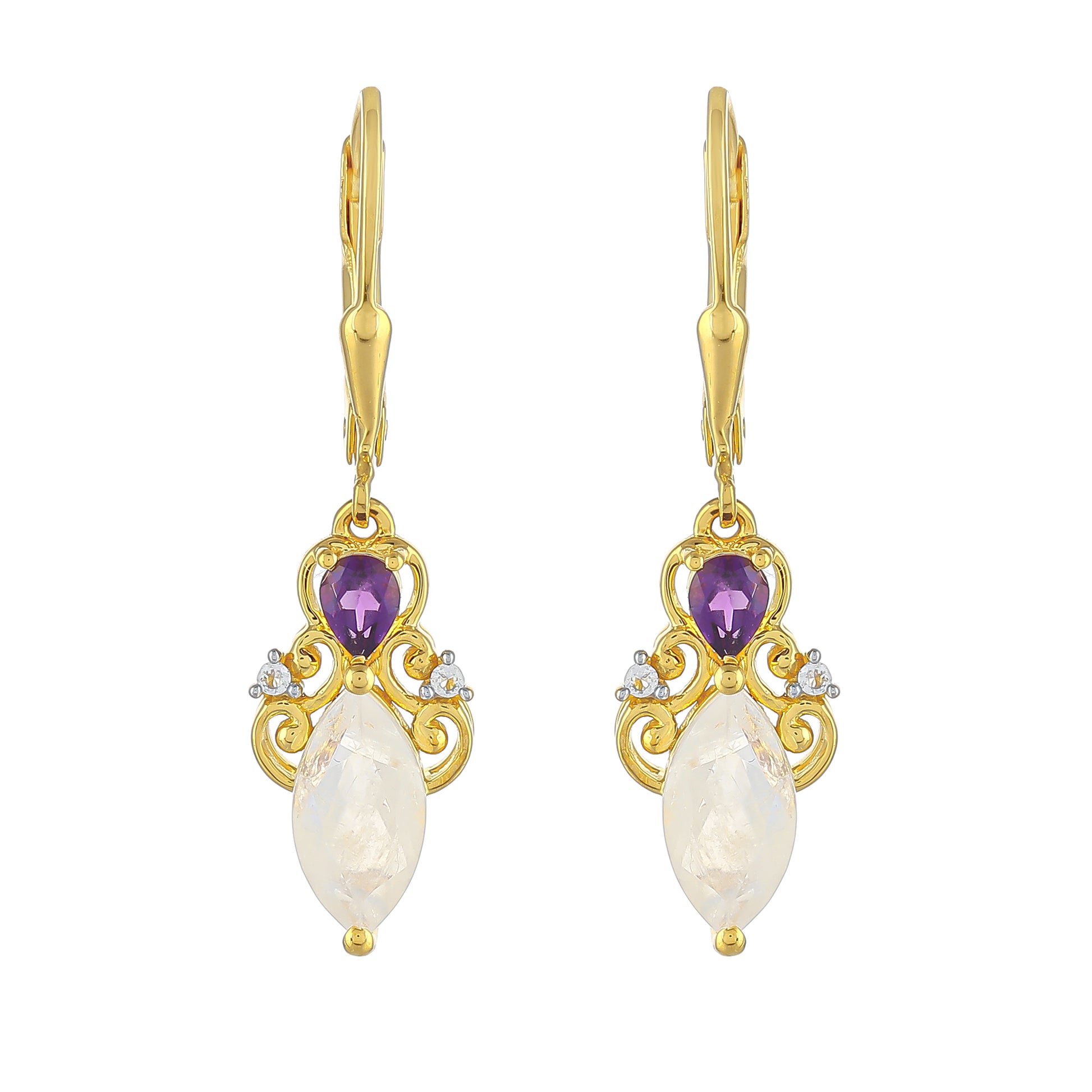 Pozlátené Strieborné Náušnice s Dúhovým Mesačným Kameňom a Brazílskym Ametystom 1 