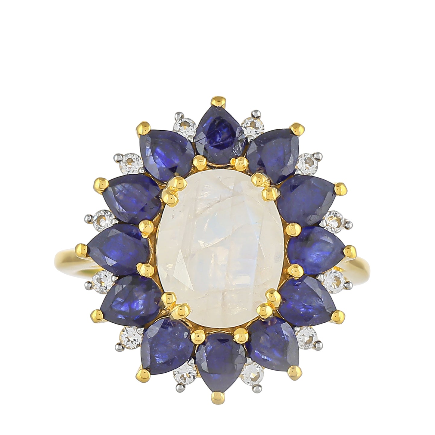 Pozlátený Strieborný Prsteň s Dúhovým Mesačným Kameňom a Thajským Zafírom