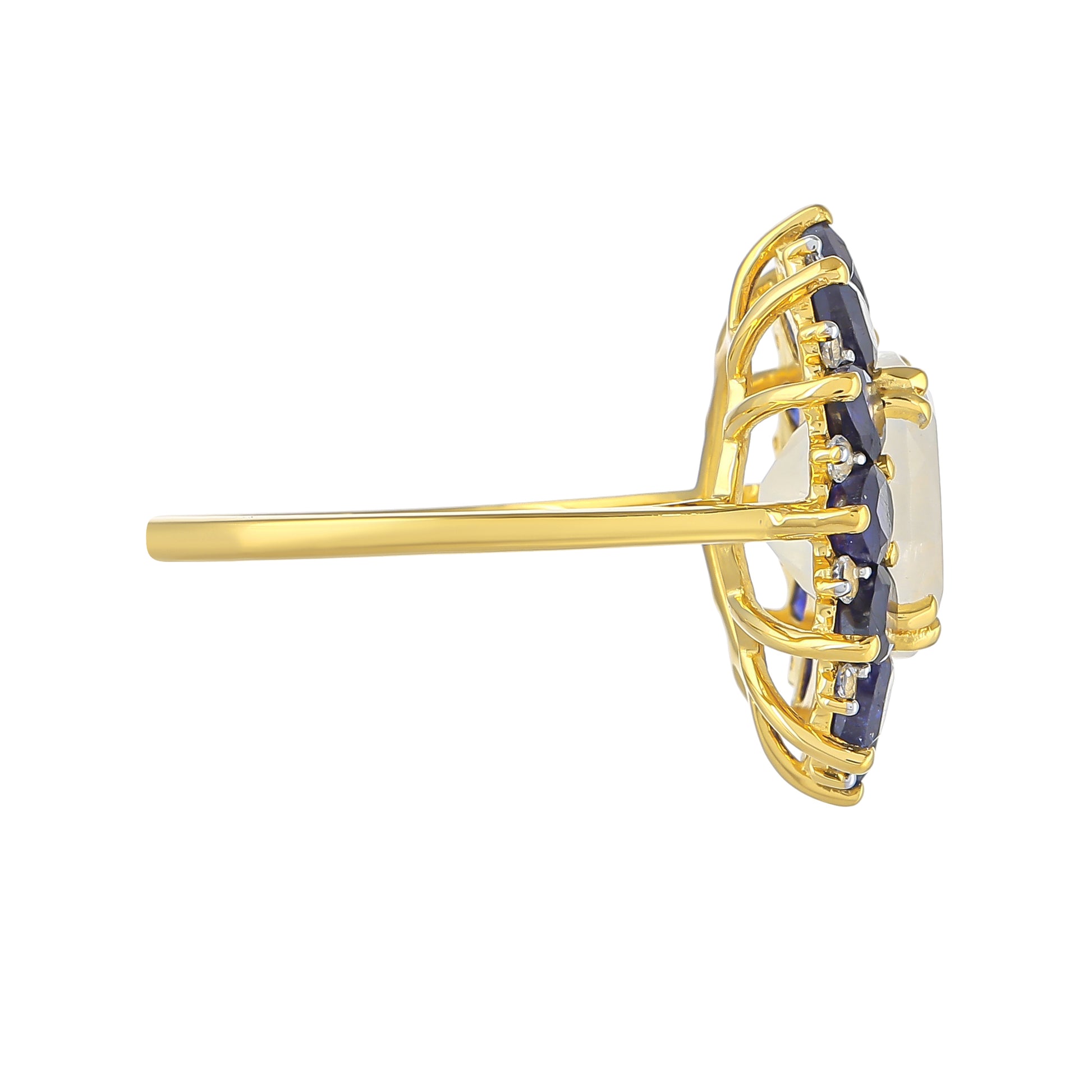 Pozlátený Strieborný Prsteň s Dúhovým Mesačným Kameňom a Thajským Zafírom 2 