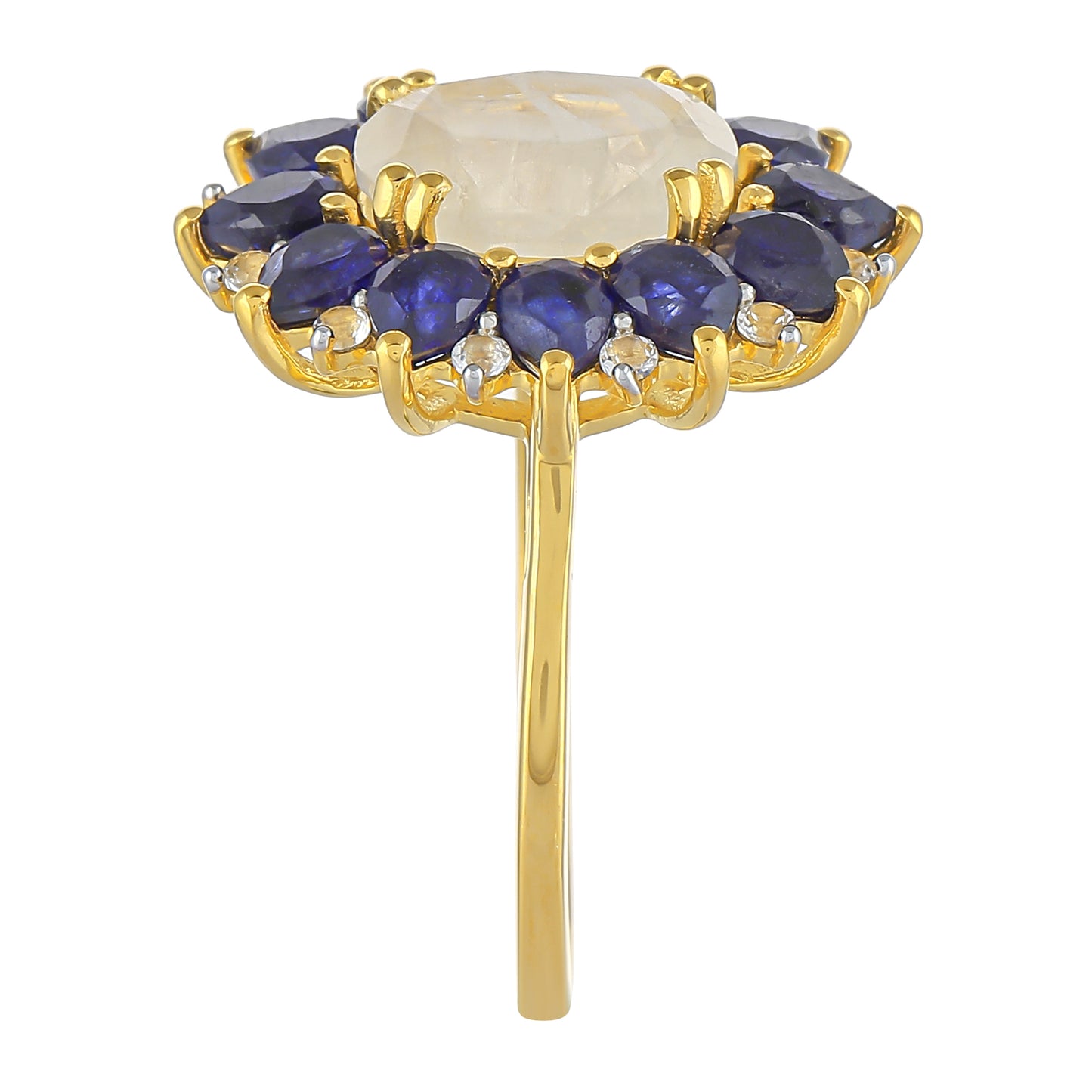 Pozlátený Strieborný Prsteň s Dúhovým Mesačným Kameňom a Thajským Zafírom