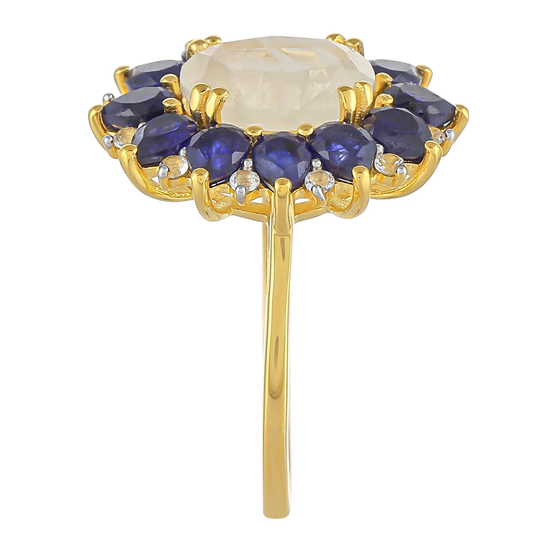 Pozlátený Strieborný Prsteň s Dúhovým Mesačným Kameňom a Thajským Zafírom 3 