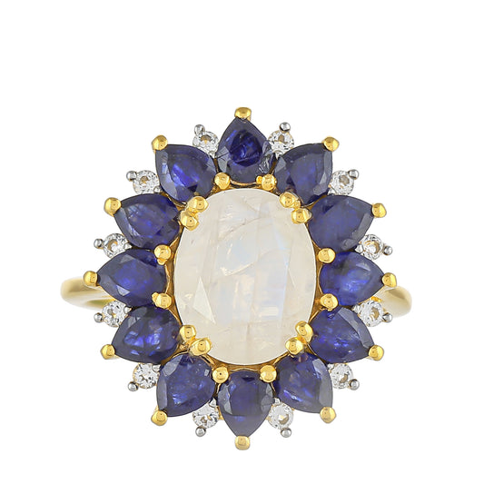 Pozlátený Strieborný Prsteň s Dúhovým Mesačným Kameňom a Thajským Zafírom