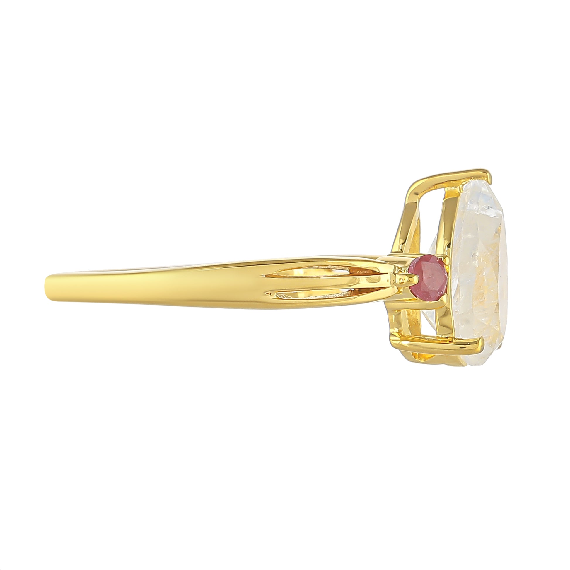 Pozlátený Strieborný Prsteň s Dúhovým Mesačným Kameňom a Thajským Rubínom 2 