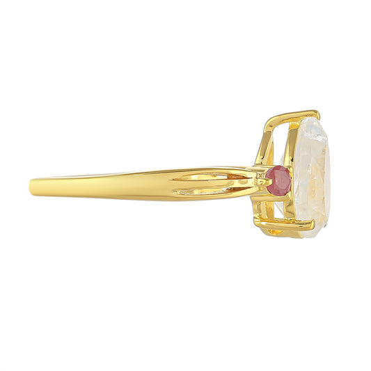 Pozlátený Strieborný Prsteň s Dúhovým Mesačným Kameňom a Thajským Rubínom