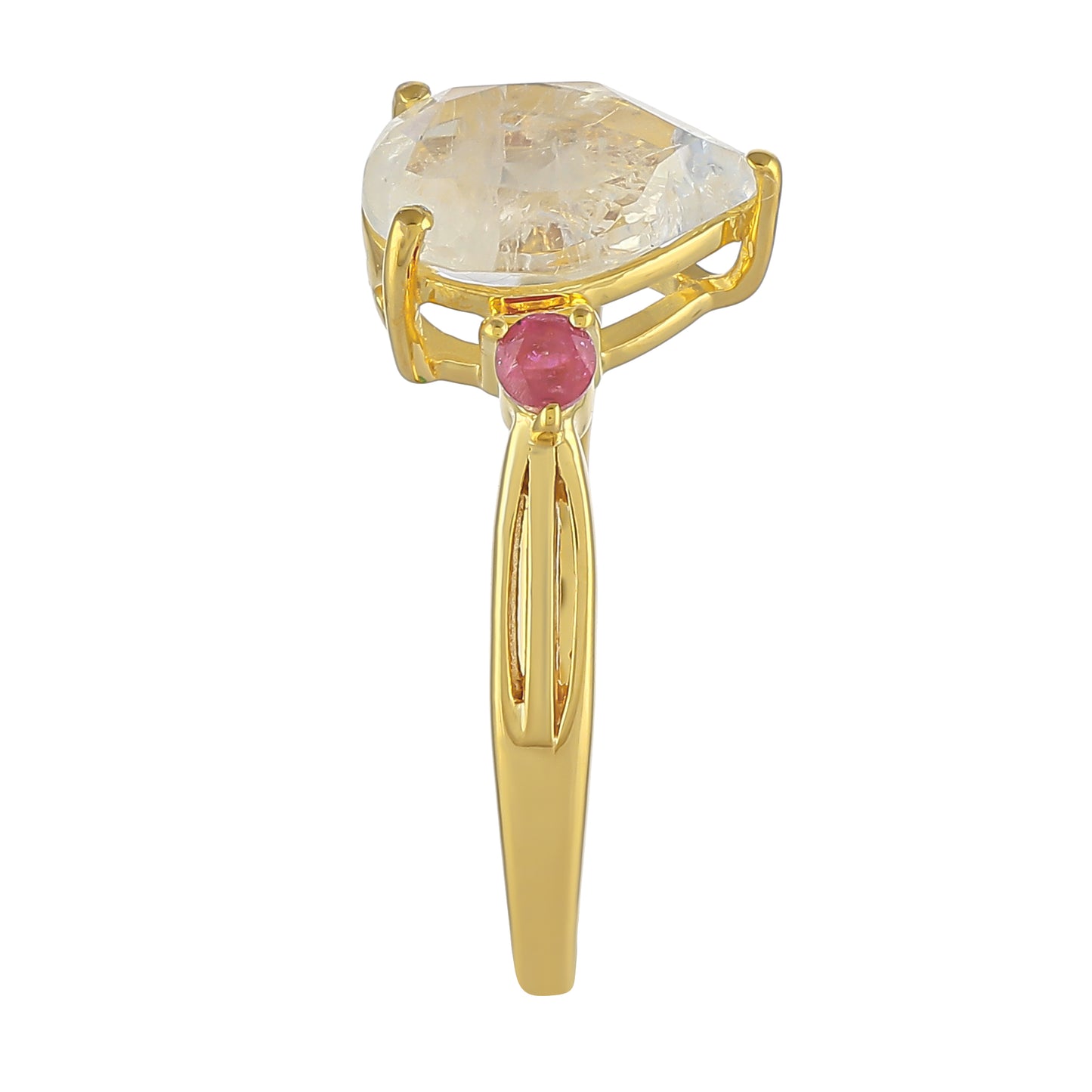 Pozlátený Strieborný Prsteň s Dúhovým Mesačným Kameňom a Thajským Rubínom