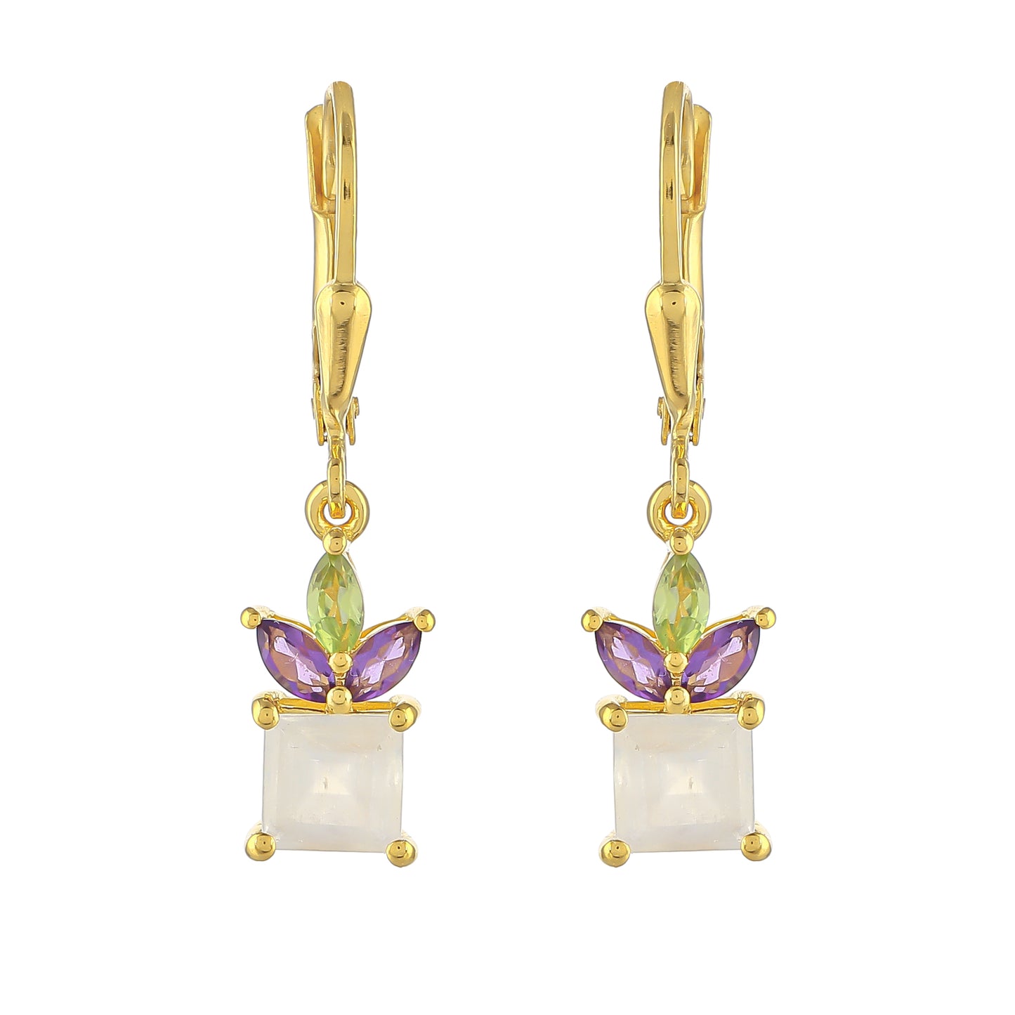 Pozlátené Strieborné Náušnice s Dúhovým Mesačným Kameňom a Brazílskym Ametystom