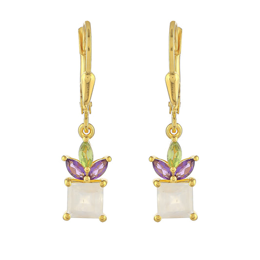 Pozlátené Strieborné Náušnice s Dúhovým Mesačným Kameňom a Brazílskym Ametystom