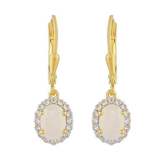 Pozlátené Strieborné Náušnice s Dúhovým Mesačným Kameňom a Bielym Topásom