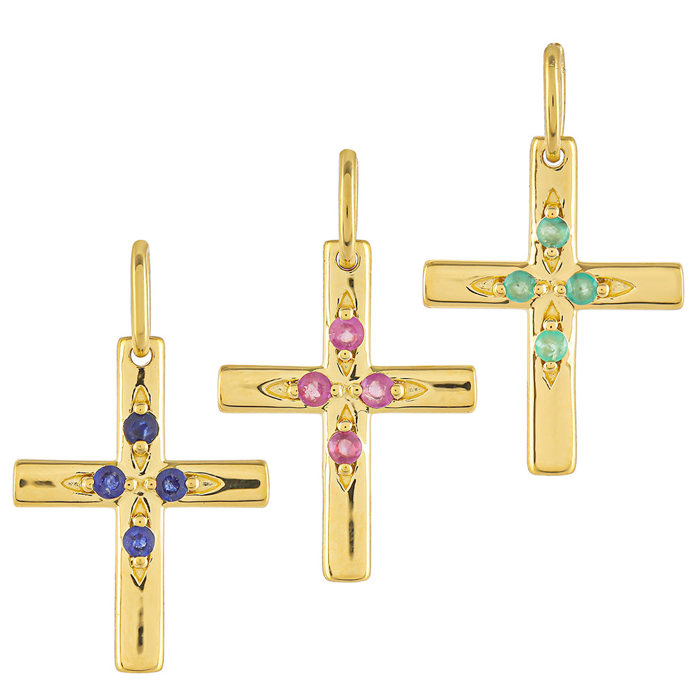 Kríž Pozlátené Strieborné Sada s Thajským Rubínom a Brazílskym Smaragdom ( Prívesok )