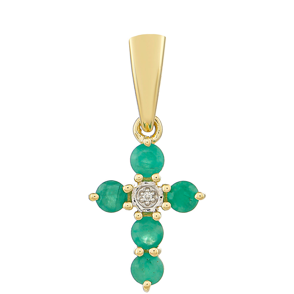 Kríž Zlatý Prívesok s Brazílskym Smaragdom a Prírodným Zirkonom 1 
