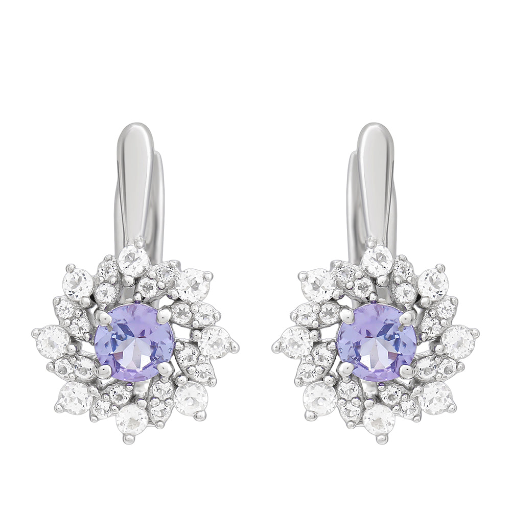 Strieborné Náušnice s AAA Tanzanitom a Bielym Topásom