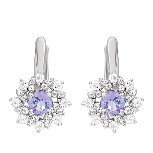 Strieborné Náušnice s AAA Tanzanitom a Bielym Topásom