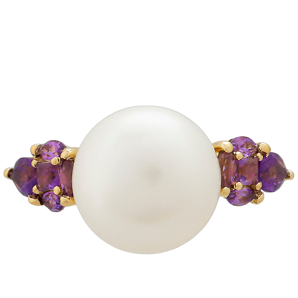 Zlatý Prsteň s Ametystom a Bielou Sladkovodnou Perlou