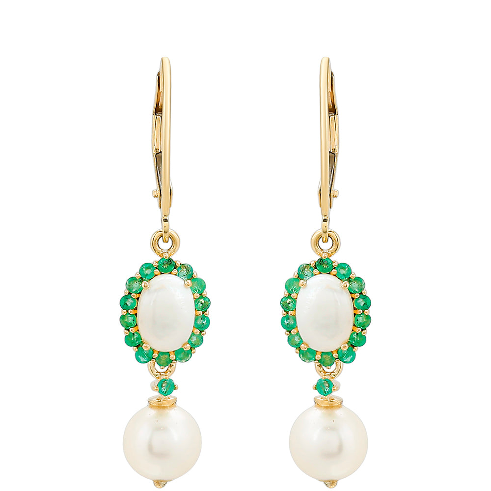 Zlaté Náušnice s Brazílskym Smaragdom a Bielou Sladkovodnou Perlou