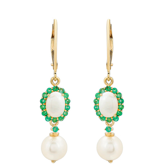 Zlaté Náušnice s Brazílskym Smaragdom a Bielou Sladkovodnou Perlou