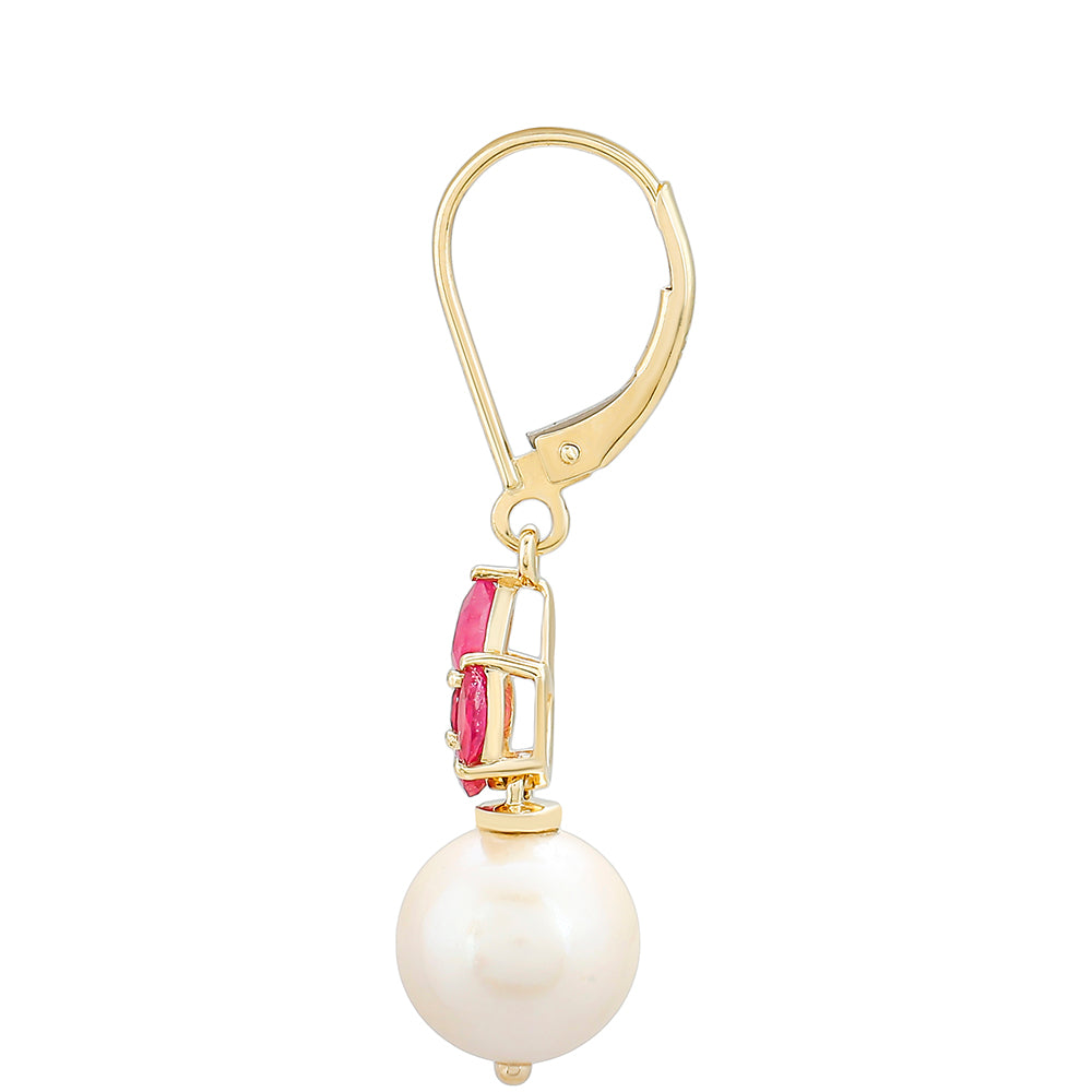 Zlaté Náušnice s Thajským Rubínom a Bielou Sladkovodnou Perlou 2 