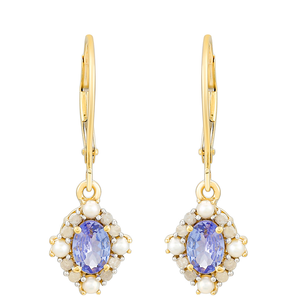 Zlaté Náušnice s Tanzanitom a Bielym Diamantom 1 