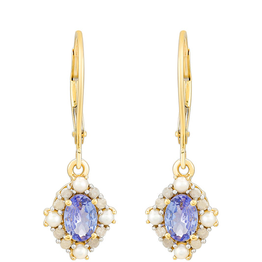 Zlaté Náušnice s Tanzanitom a Bielym Diamantom