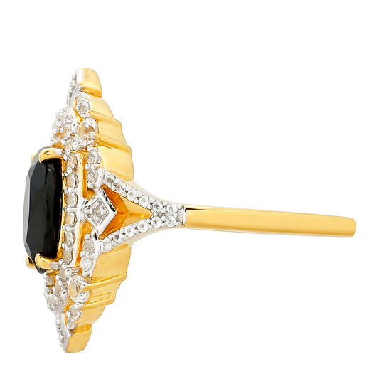 Pozlátený Strieborný Prsteň s Čiernym Turmalínom a Bielym Topásom