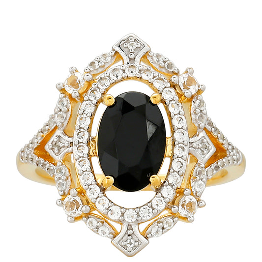 Pozlátený Strieborný Prsteň s Čiernym Turmalínom a Bielym Topásom