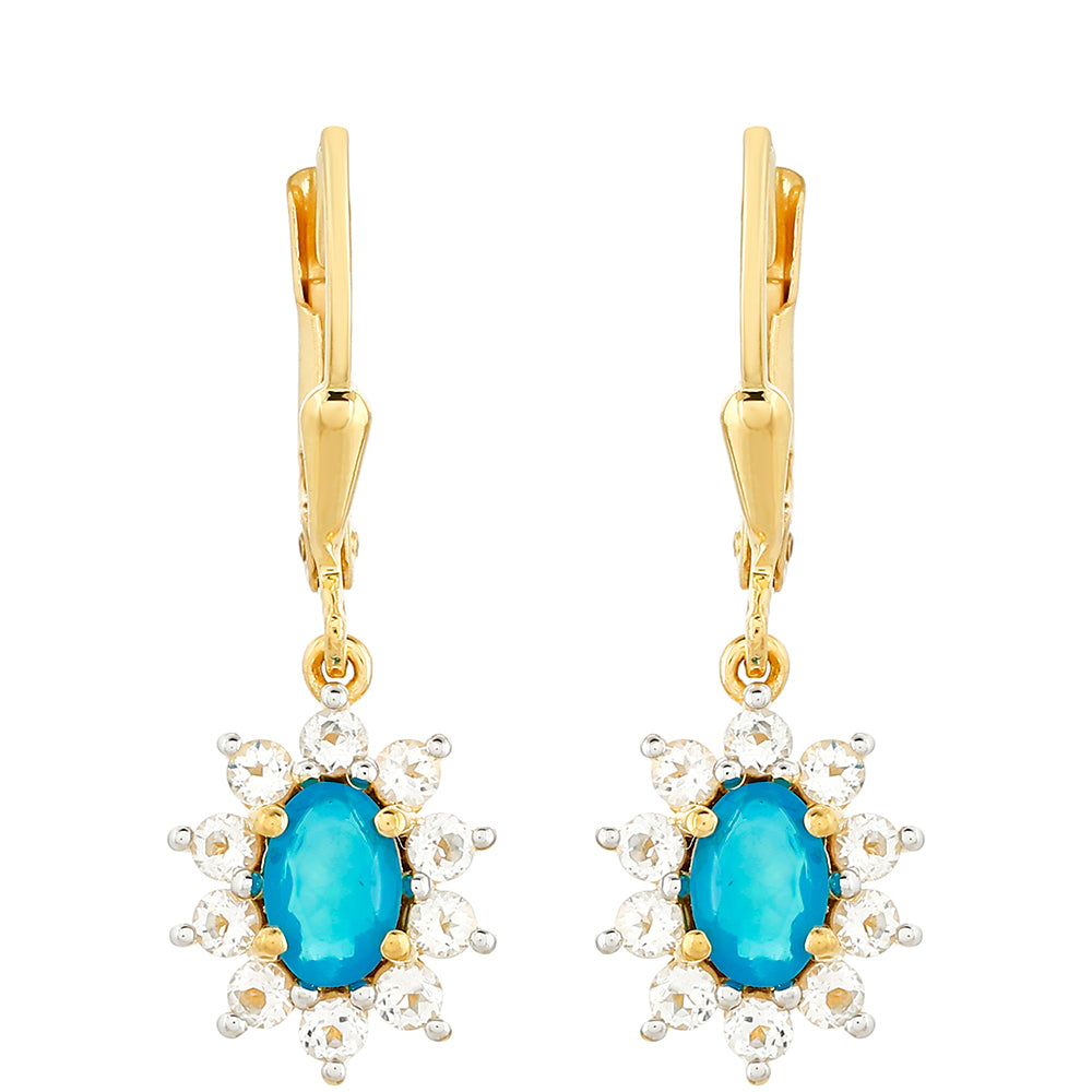 Pozlátené Strieborné Náušnice s Etiópskym Paraiba Modrým Opálom a Bielym Topásom