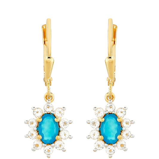 Pozlátené Strieborné Náušnice s Etiópskym Paraiba Modrým Opálom a Bielym Topásom