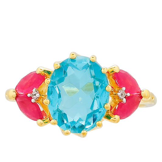 Pozlátený Strieborný Prsteň s Paraiba Kremeňom a Červeným Kremeňom