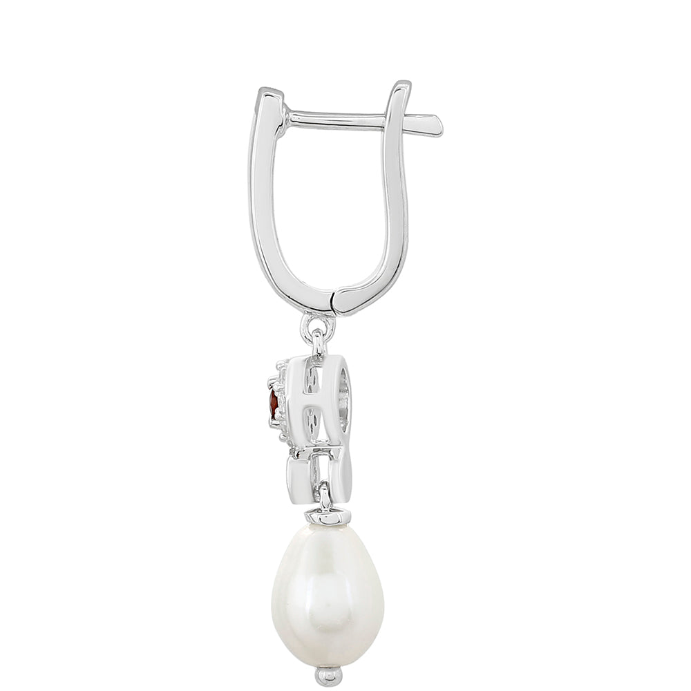 Strieborné Náušnice s Granátom a Bielou Sladkovodnou Perlou 2 