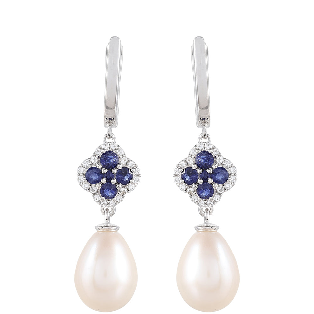 Strieborné Náušnice s Thajským Zafírom a Bielou Sladkovodnou Perlou 1 