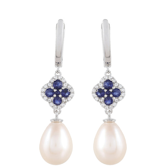 Strieborné Náušnice s Thajským Zafírom a Bielou Sladkovodnou Perlou