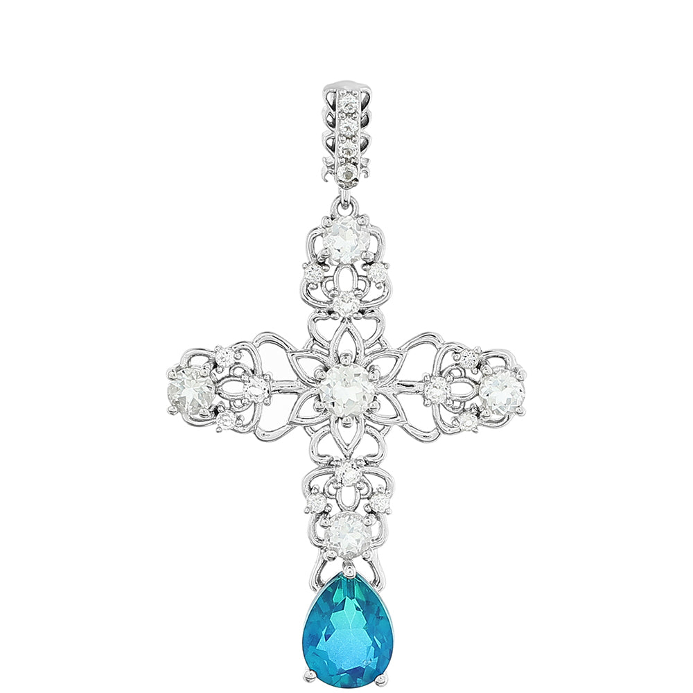 Kríž Strieborný Prívesok s Pávím Kremeňom a Bielym Topásom 1 