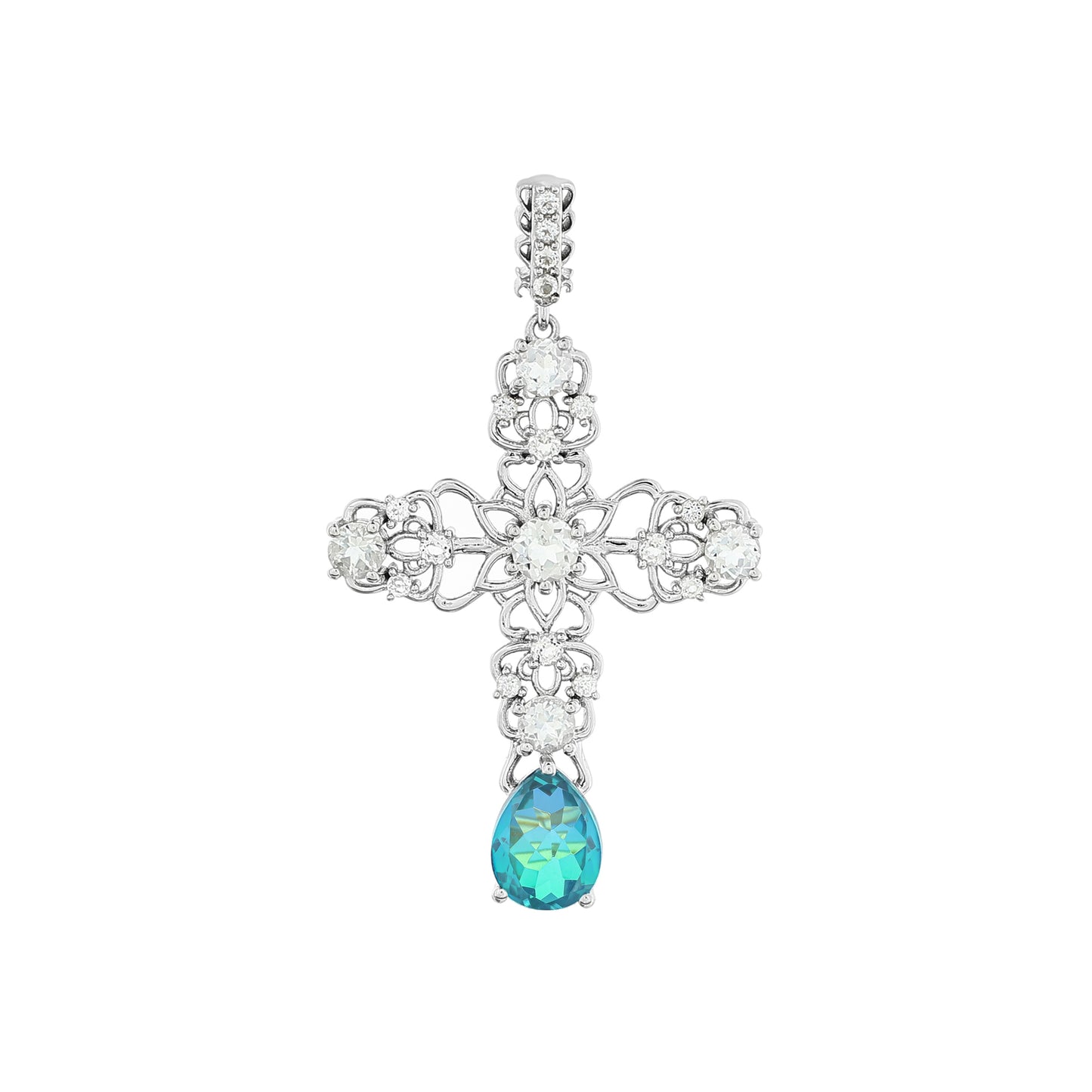 Kríž Strieborný Prívesok s Pávím Kremeňom a Bielym Topásom