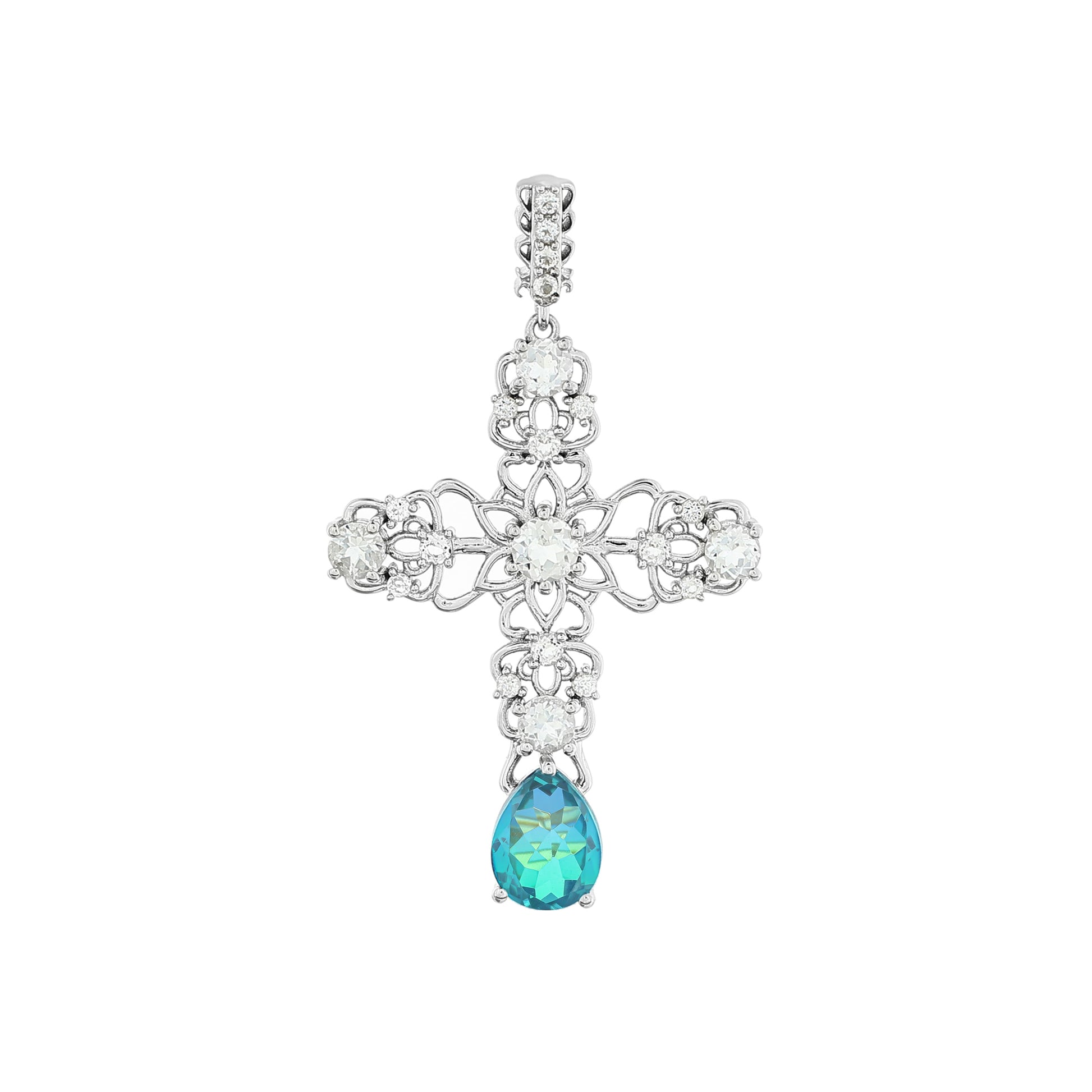 Kríž Strieborný Prívesok s Pávím Kremeňom a Bielym Topásom 4 