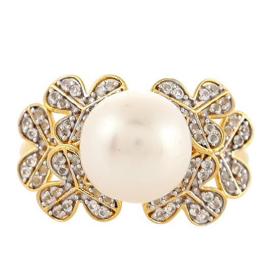 Pozlátený Strieborný Prsteň s Barokovou Sladkovodnou Kultivovanou Perlou a Bielym Topásom