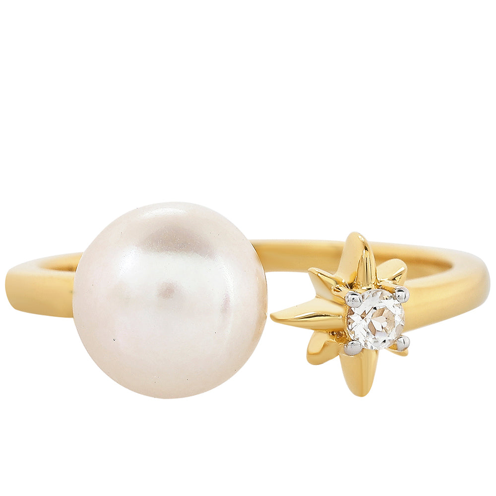Pozlátený Strieborný Prsteň s Barokovou Sladkovodnou Kultivovanou Perlou a Bielym Topásom